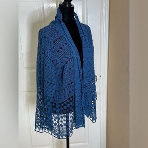 Johnny Was Crochet Lace Open Cardigan Waterfall Blue Crochet Hem sz M​​​​​​​​​​​